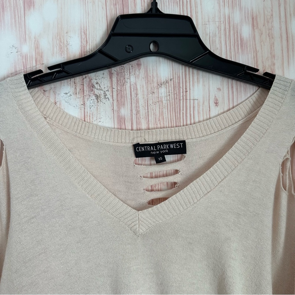 Central Park West Revolve Distressed Ripped V-neck Sweater Cream XS - Picture 7 of 16